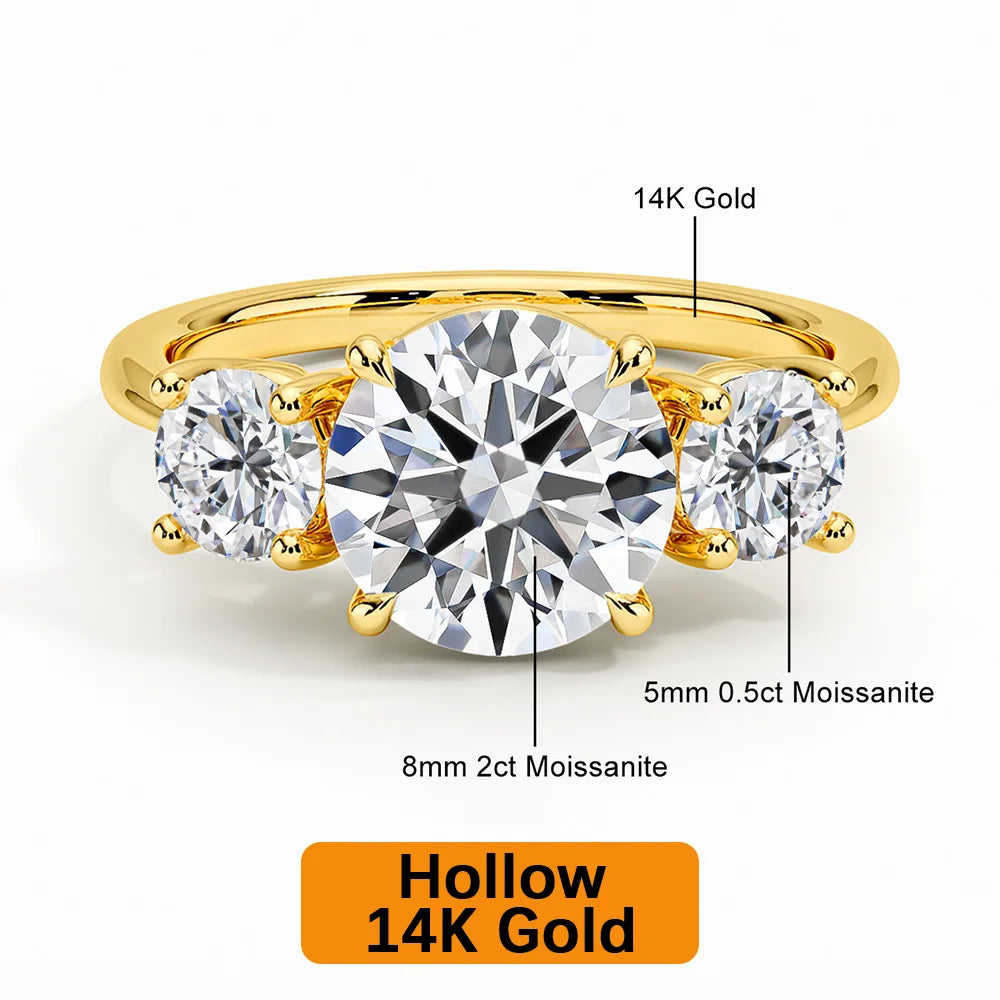 Fine Jewelry Manufacturer Women Anillos Valentine's Day Gift Classic 4 Prong 3 Stone Moissanite Hollow 14K Gold Ring