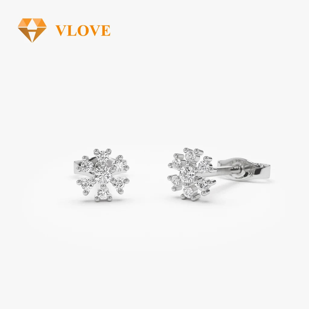 VLOVE High End Jewelry Manufacturer Artisan Petite 14K Gold Stud Earrings Flower Round Diamond Cut Earrings