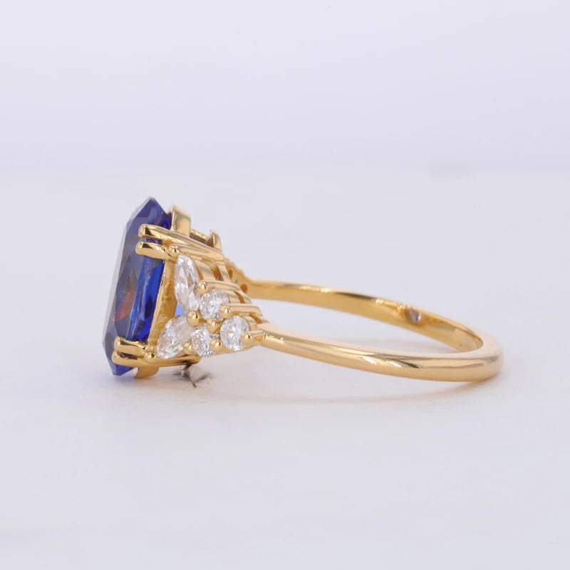 Lab Grown Gemstone Jewelry Inlay Blue Sapphire Stone 22/10k 18k 14k Gold Ring Diamond Yellow Gold for Wedding Party Appointment.