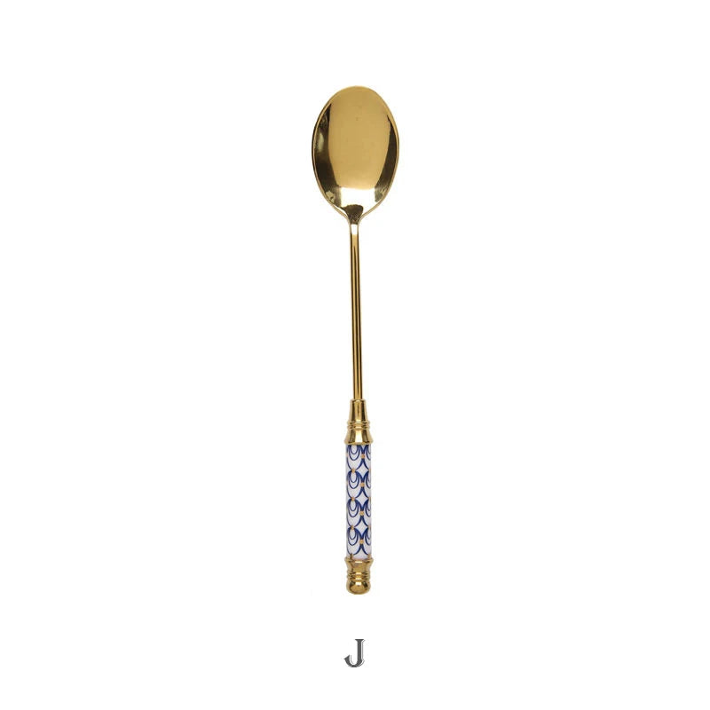 Stainless Steel Dessert Spoon Ceramic Long Handle Icecream Spoon Teaspoon Gold Coffee Cake Fruit Milk Spoon Kitchen Tableware