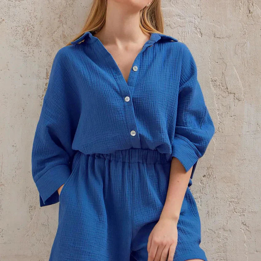 Women's Cotton Pajama Set Casual Collar Sleepwear Suit