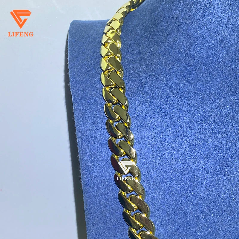 Lifeng Jewelry Luxury Style 14k Gold Plated Cuban Link Chain 14mm Hiphop Men 925 Sterling Silver Smooth Cuban Chain Necklace