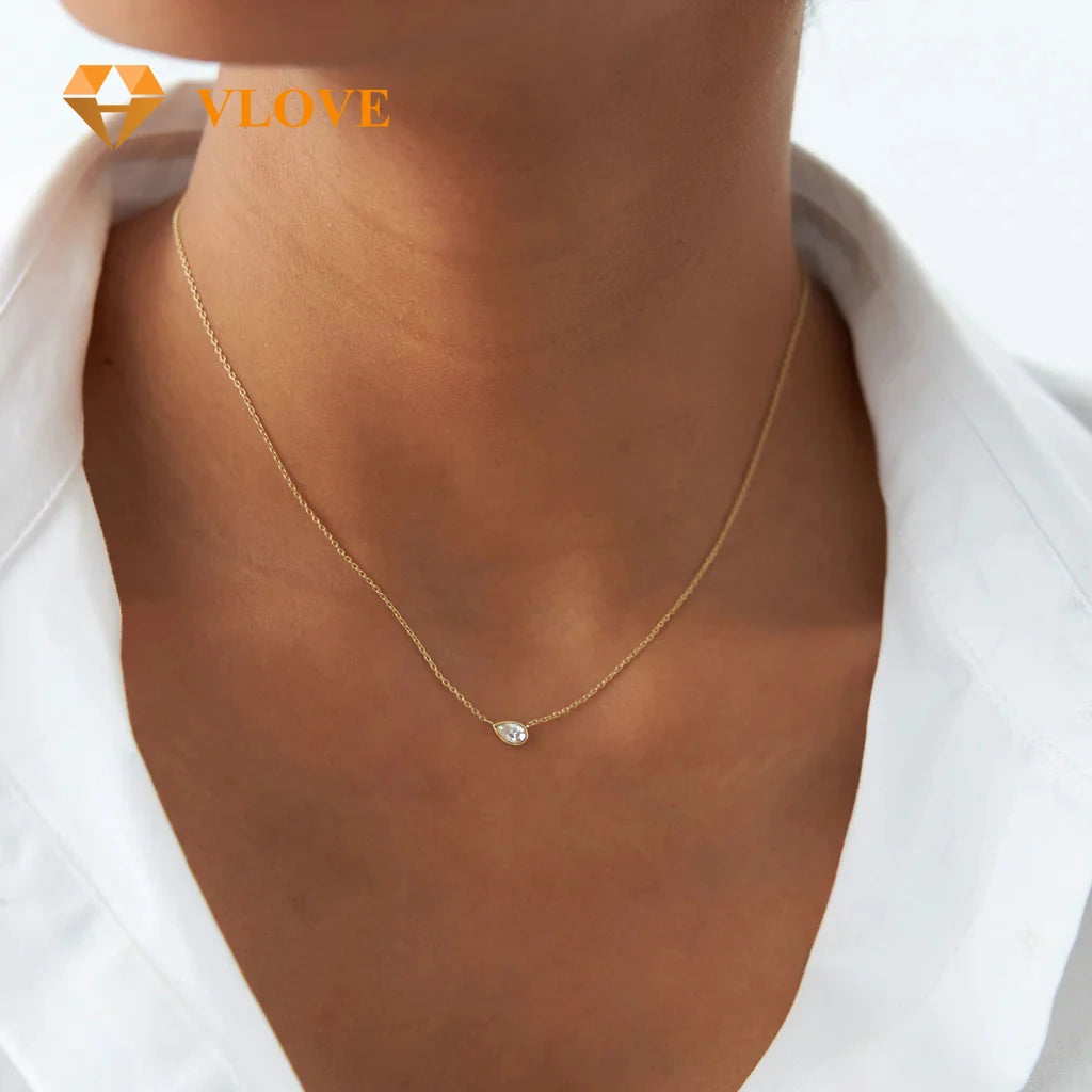 VLOVE Fine 14K Gold Jewelry Craftsmanship Pear Cut Gold Pendant 14K Horizontal Pear Shape Solitaire Diamond Necklace