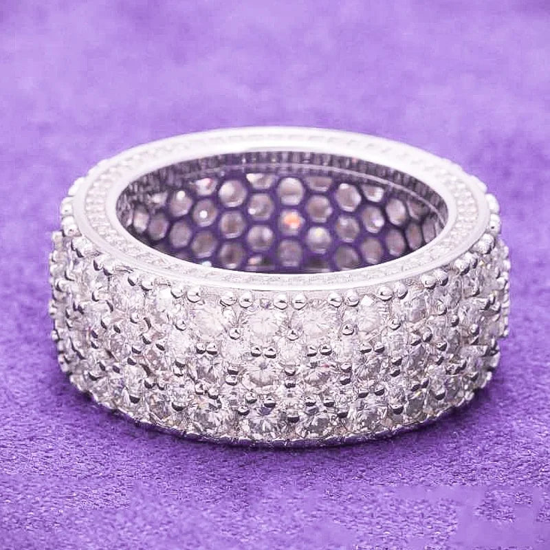 2026 Hip Hop Fine Jewelry Passd Diamond Tester 925 Sterling Silver Iced Out VVS Moissanite Cluster 3 Rows Band Ring for Men