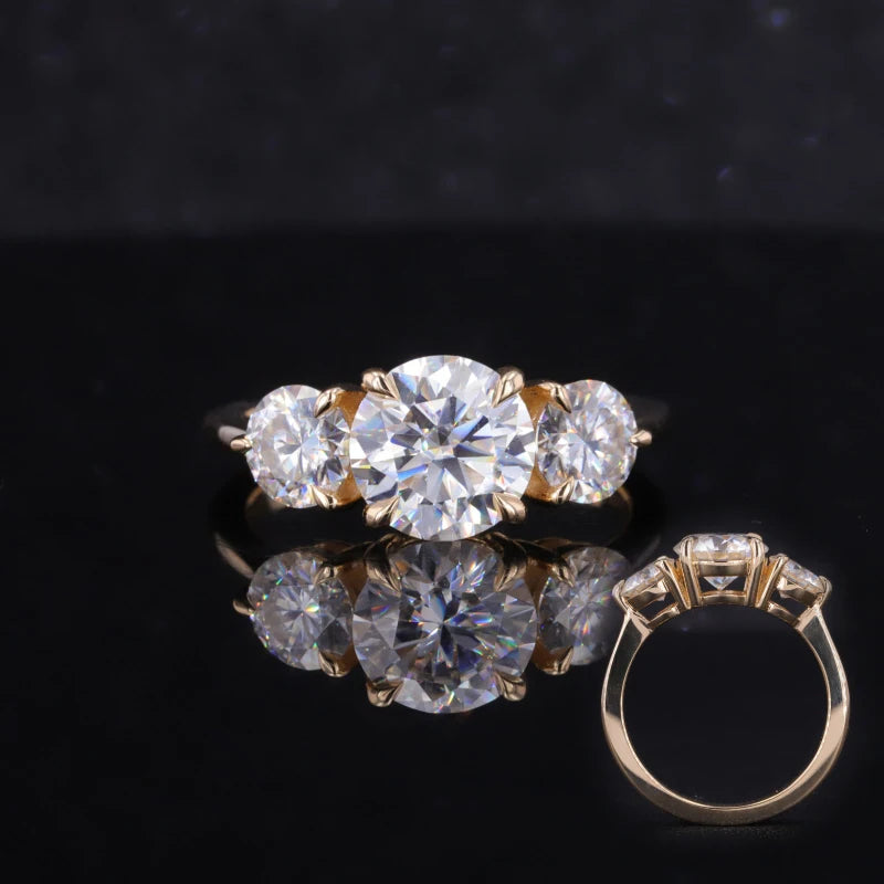 Starsgem Round Moissanite 8mm 5mm 10K 14k Gold Ring Three Stone Moissanite Wedding Engagement Gold Ring