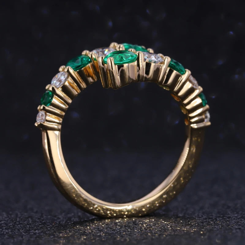 Starsgem DEF Moissanite Round Cut With Lab Grown Emerald Solid 14k Gold Ring Stack