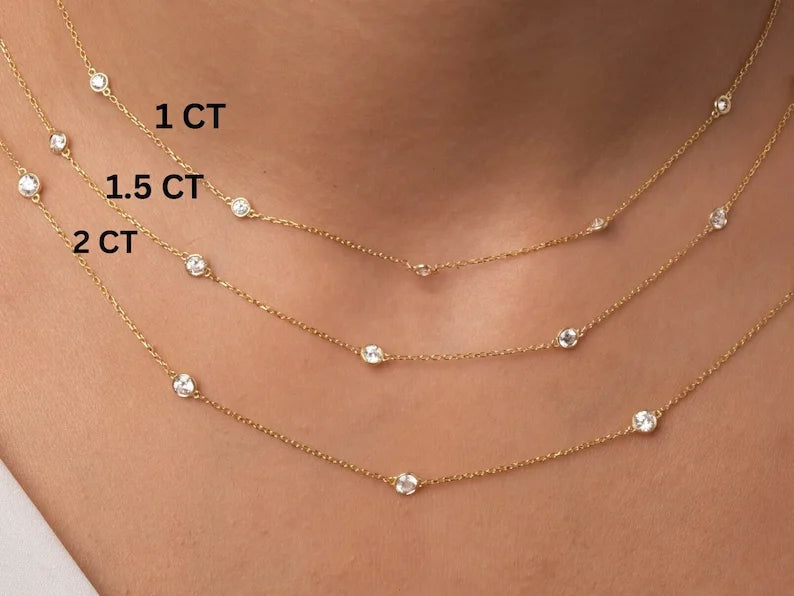 14k Gold 0.35 - 2 CT Diamond by the Yard Necklace Birthday Gift Diamond Station Necklace