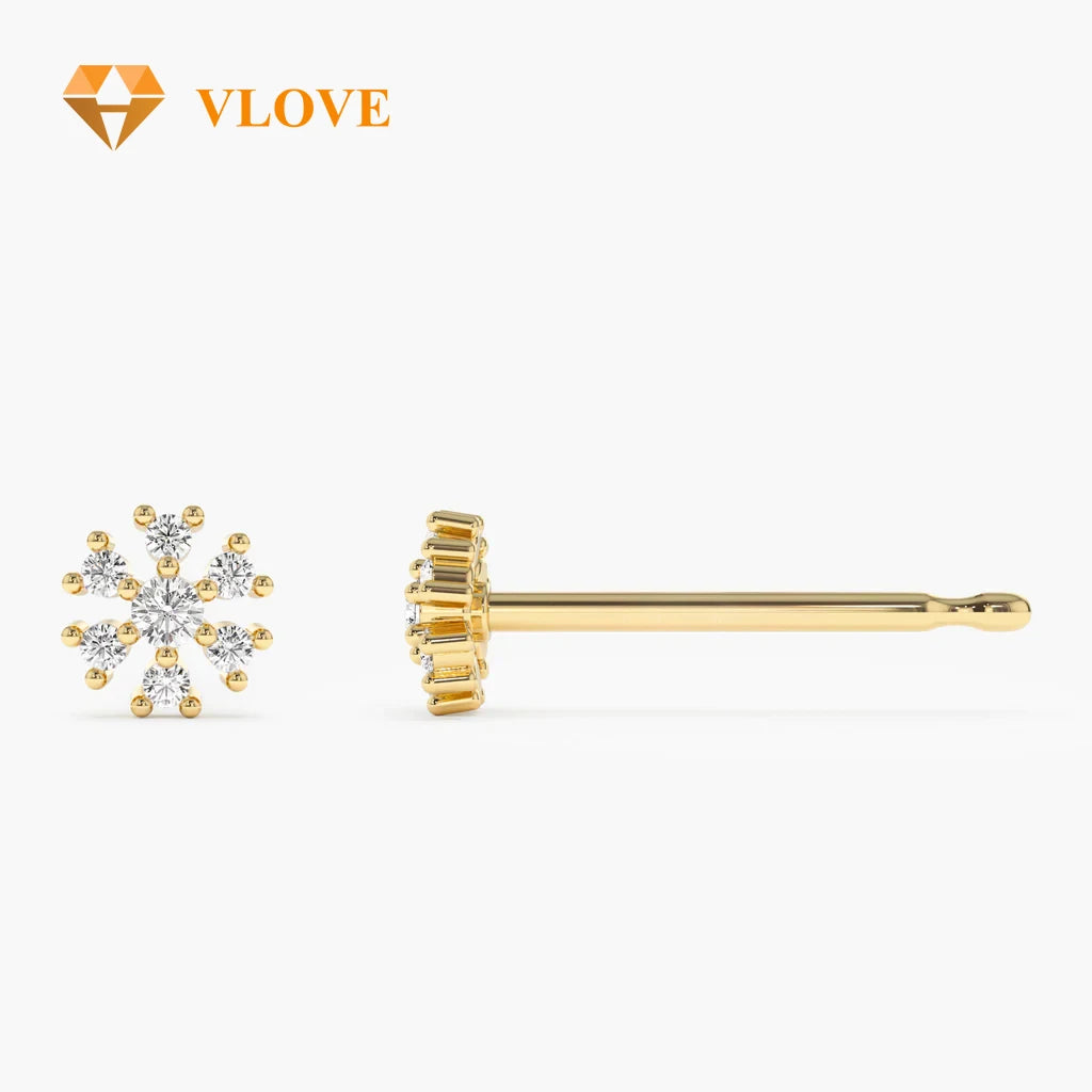 VLOVE High End Jewelry Manufacturer Artisan Petite 14K Gold Stud Earrings Flower Round Diamond Cut Earrings