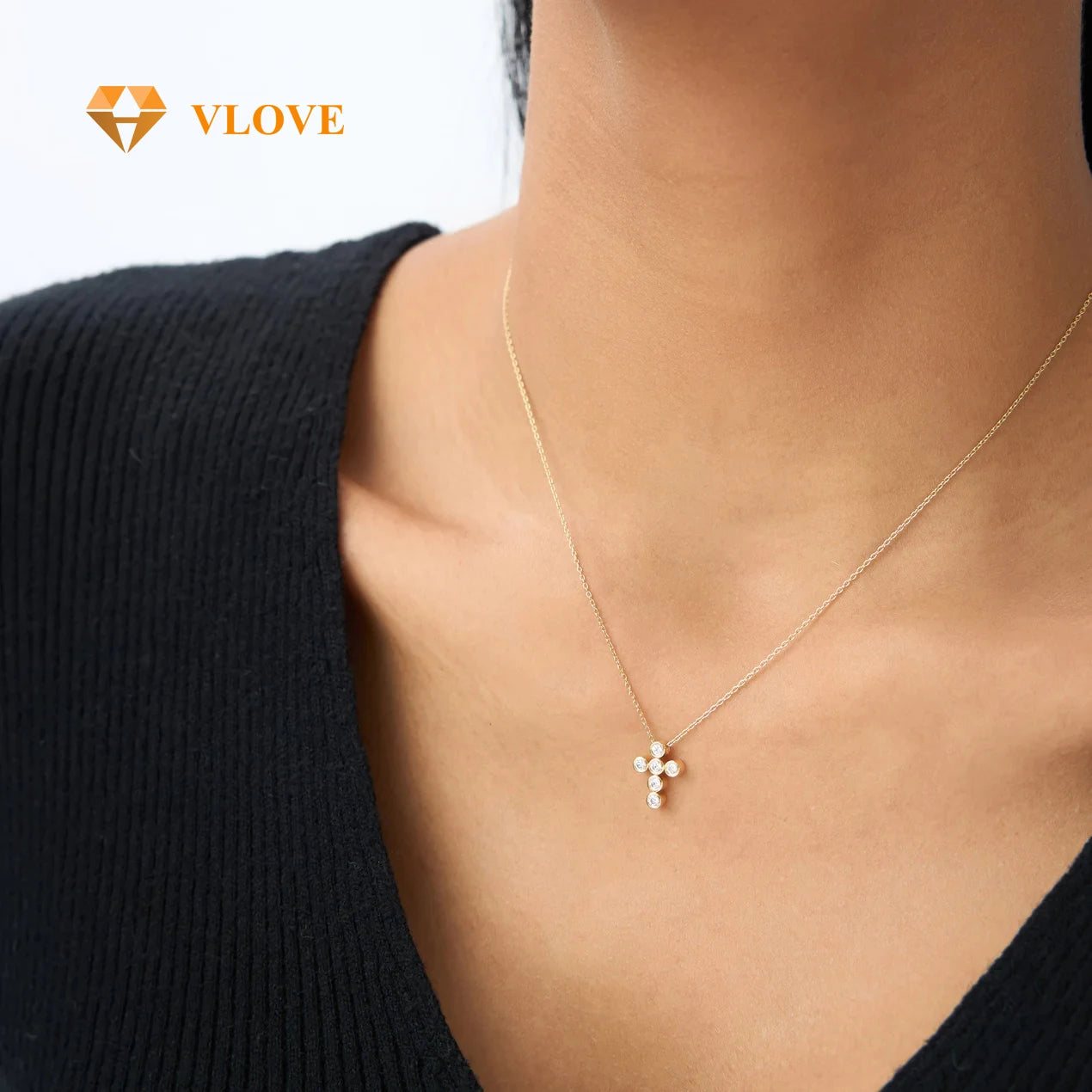 VLOVE Fine Luxury Jewelry Diamond Necklaces 14K Gold 6 Stone Bezel Setting Diamond Cross Necklace