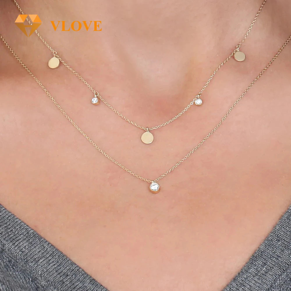 VLOVE Top Selling Jewelry Personalized Necklaces 14K Gold Dangling Diamond Disc Necklace