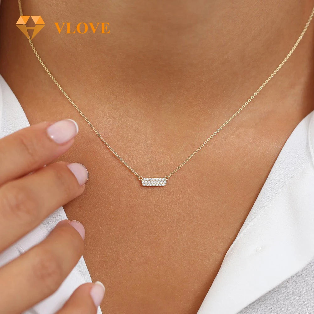VLOVE Bespoke Jewelry Custom Collar Necklace 14K Gold Micro Pave Real Diamond Bar Necklace