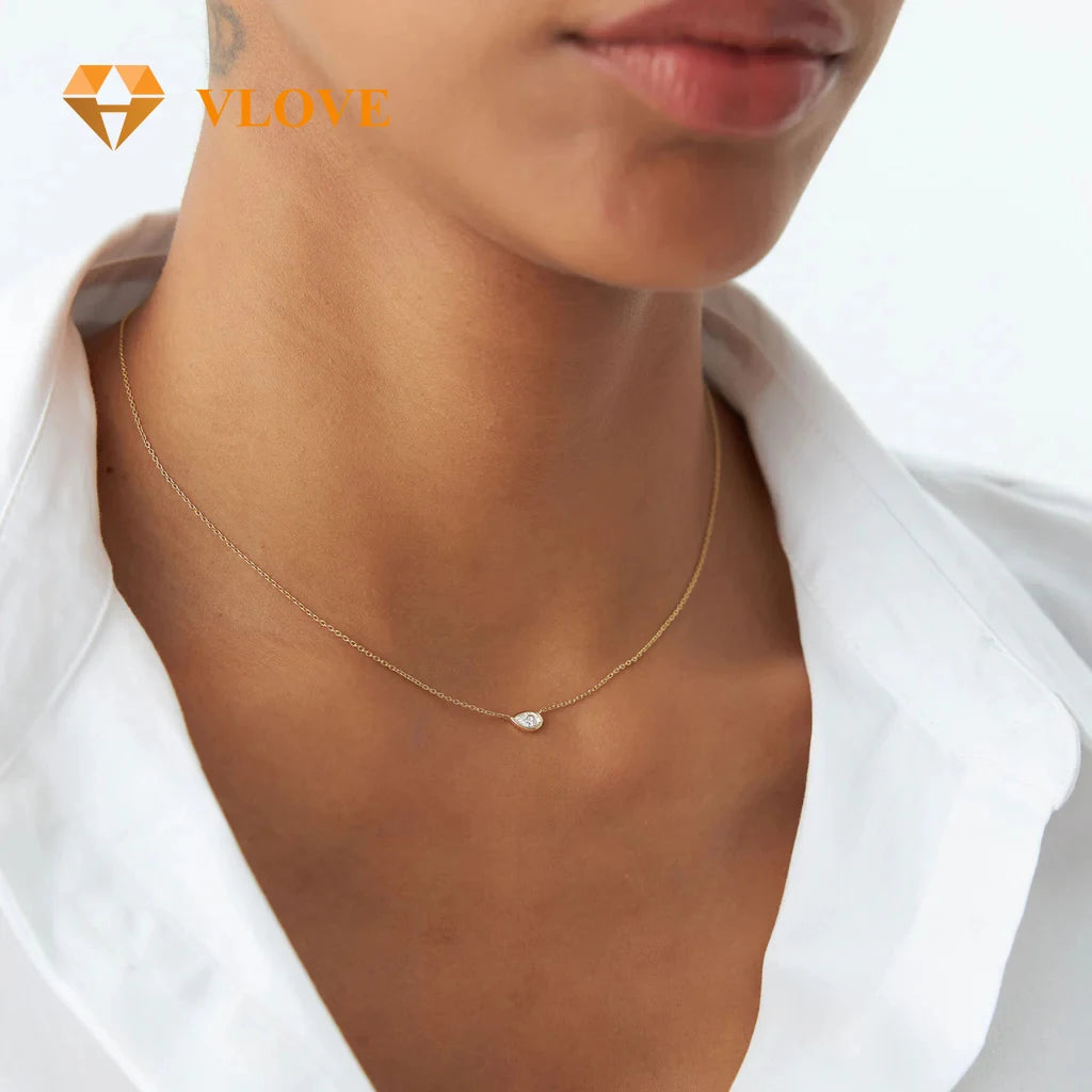 VLOVE Fine 14K Gold Jewelry Craftsmanship Pear Cut Gold Pendant 14K Horizontal Pear Shape Solitaire Diamond Necklace