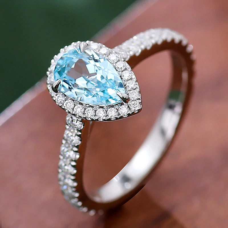 Solitaire Classic Design 18K Solid Gold Lab Grown Blue Diamond Ring Pear Cut IGI Certified Passes Diamond Tester Women's Jewelry