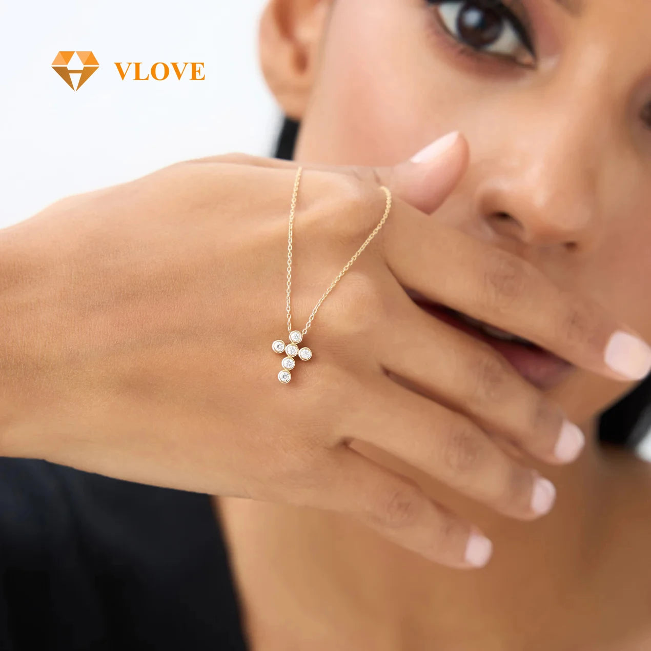 VLOVE Fine Luxury Jewelry Diamond Necklaces 14K Gold 6 Stone Bezel Setting Diamond Cross Necklace