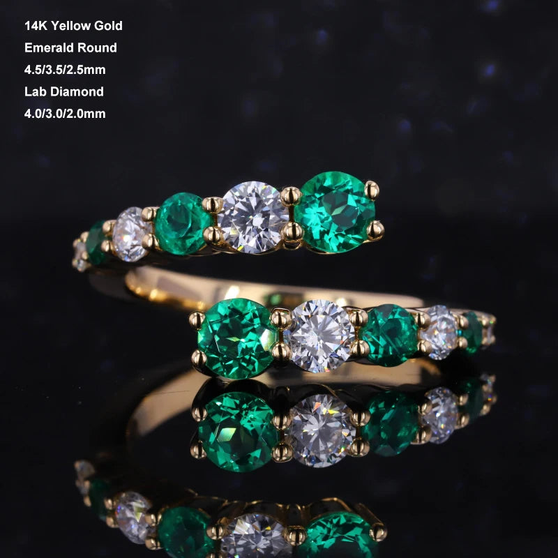 Starsgem DEF Moissanite Round Cut With Lab Grown Emerald Solid 14k Gold Ring Stack