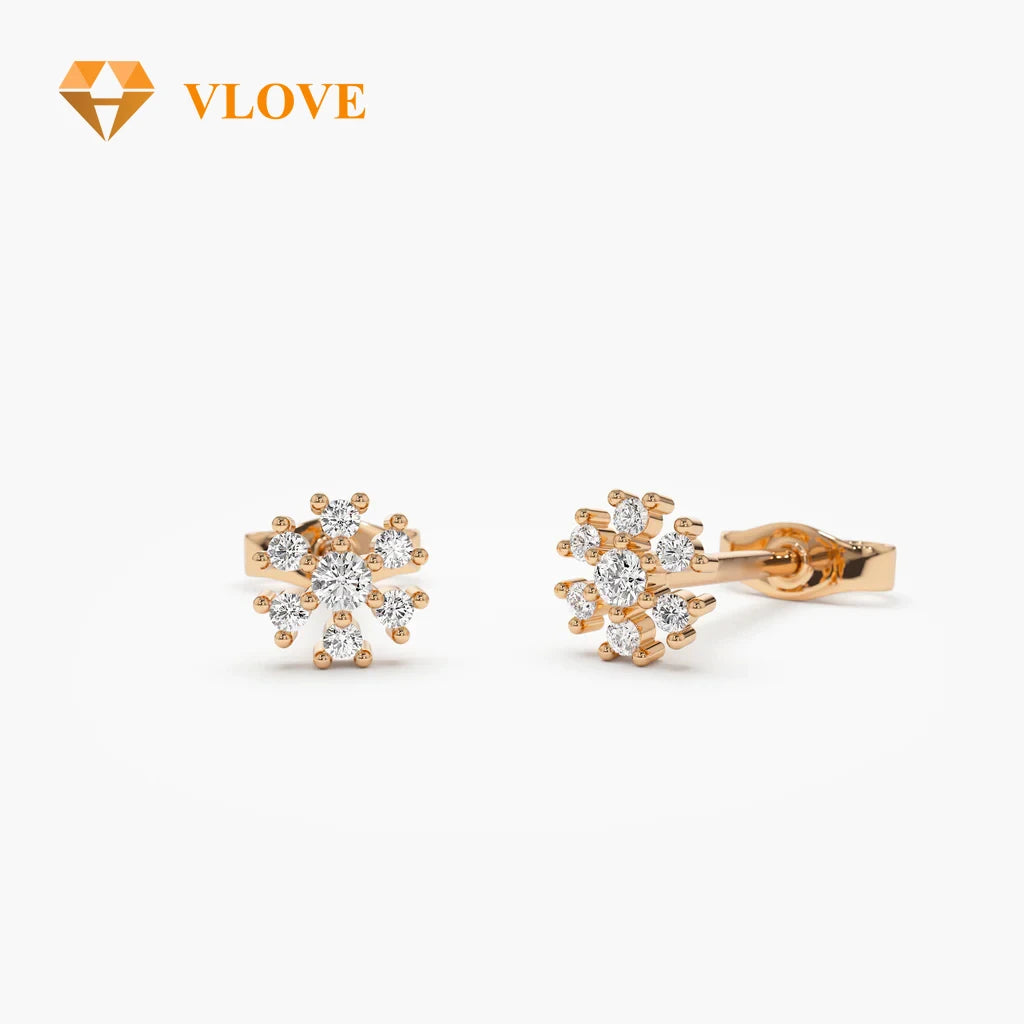 VLOVE High End Jewelry Manufacturer Artisan Petite 14K Gold Stud Earrings Flower Round Diamond Cut Earrings