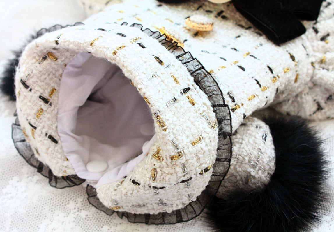 Handmade Luxury Tweed Dog Dress with Fur Trim | Designer Small Dog Coat Dress