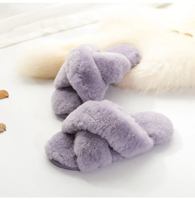 Plush Indoor Slippers Made of Real Wool - Natural Sheepskin Home Loungewear