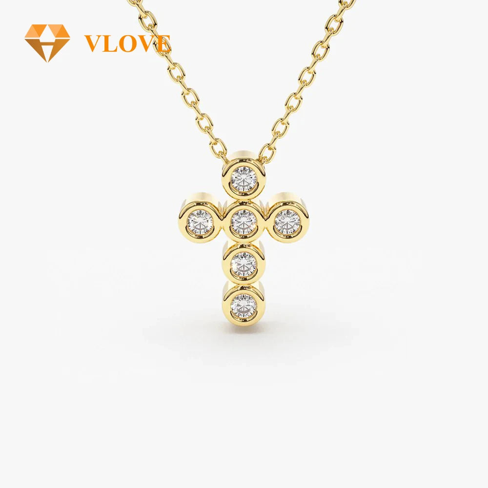VLOVE Fine Luxury Jewelry Diamond Necklaces 14K Gold 6 Stone Bezel Setting Diamond Cross Necklace