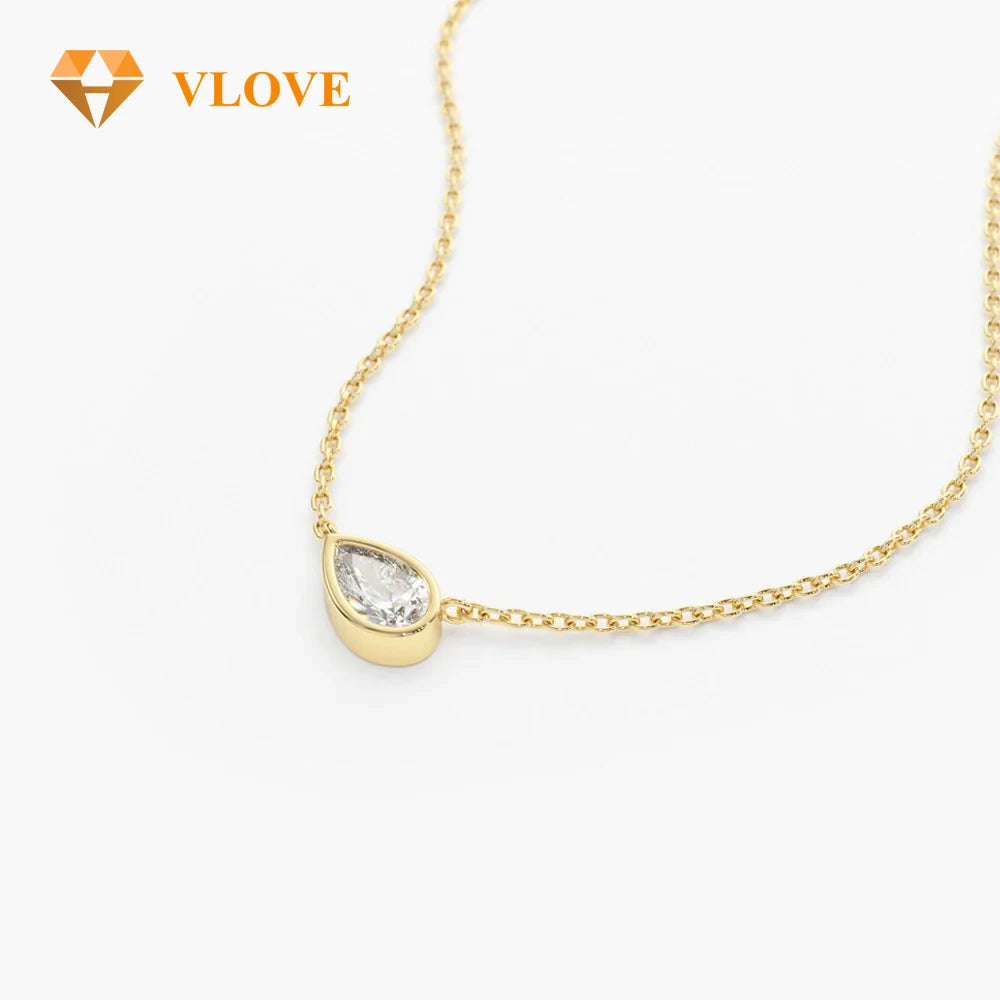 VLOVE Fine 14K Gold Jewelry Craftsmanship Pear Cut Gold Pendant 14K Horizontal Pear Shape Solitaire Diamond Necklace