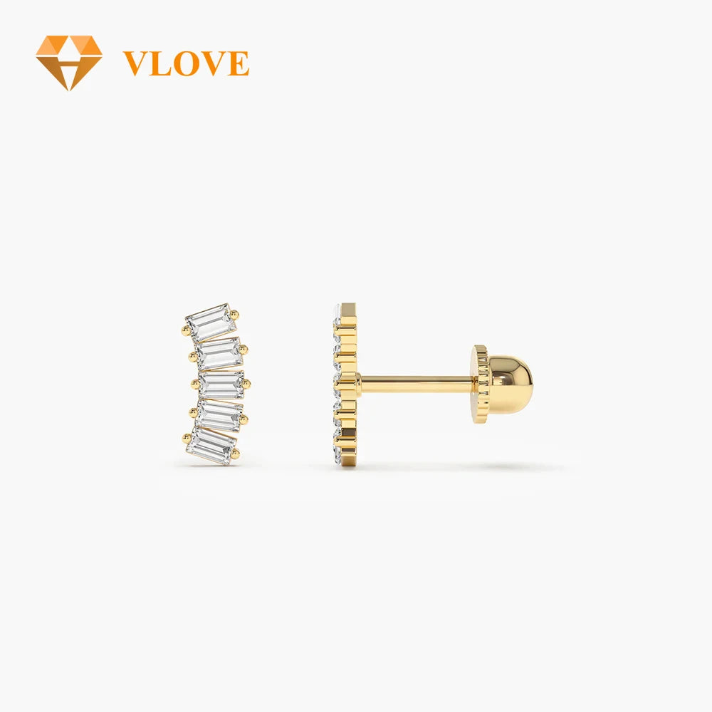 VLOVE Fashion Jewelry Wholesale 14K Gold Studs Back Cartilage Baguette Diamond Earrings Helix Piercing Earrings