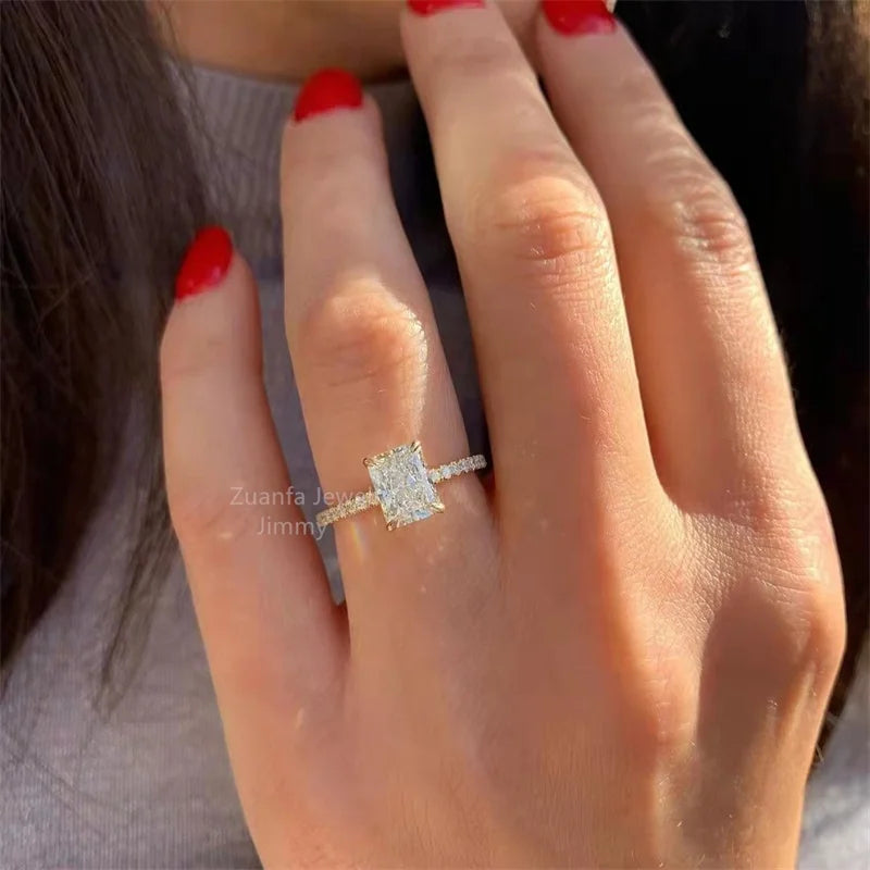 Custom 14k Gold Sparkle  Luxury Wedding Style VVS 3CT Gorgeous Brilliant Cut Radiant Moissanite Engagement Ring Women Bride