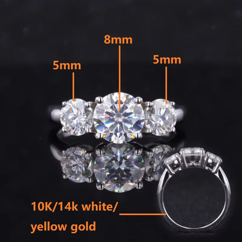 Starsgem Round Moissanite 8mm 5mm 10K 14k Gold Ring Three Stone Moissanite Wedding Engagement Gold Ring