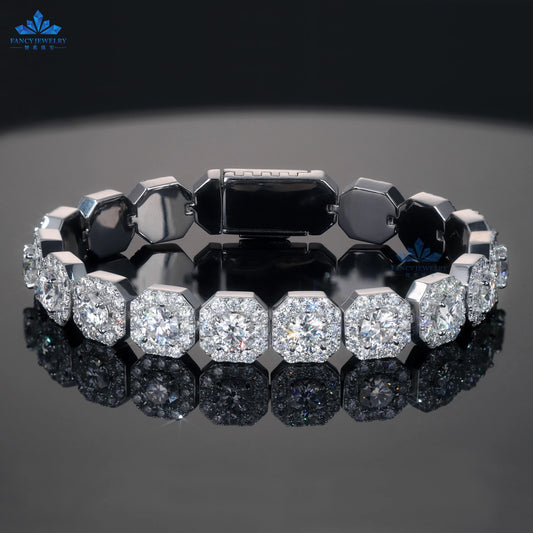14K Gold Plated Moissanite Jewelry Hiphop Style Iced Out 11mm Square Cluster Tennis Moissanites Bracelet Silver 925