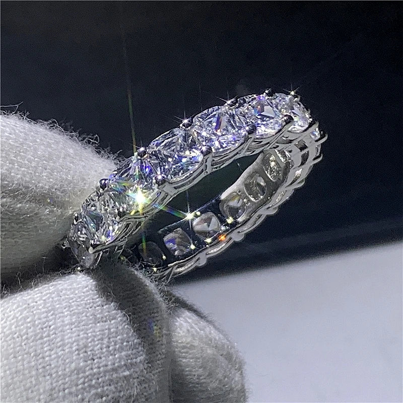 Eternity Cushion cut 4mm Zircon Ring Real 925 sterling silver Engagement Wedding Band Rings for women Bridal Party Jewelry