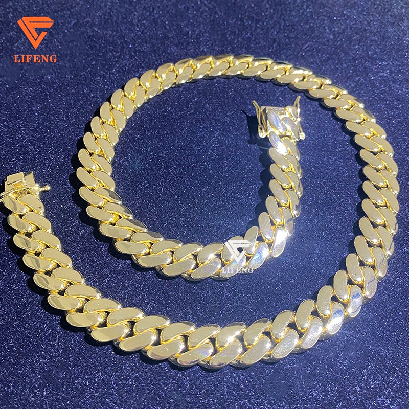 Lifeng Jewelry Luxury Style 14k Gold Plated Cuban Link Chain 14mm Hiphop Men 925 Sterling Silver Smooth Cuban Chain Necklace