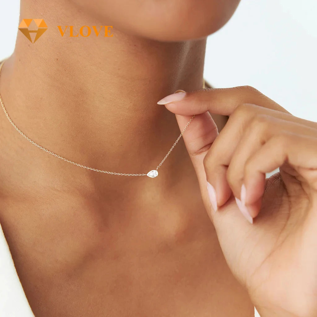 VLOVE Fine 14K Gold Jewelry Craftsmanship Pear Cut Gold Pendant 14K Horizontal Pear Shape Solitaire Diamond Necklace