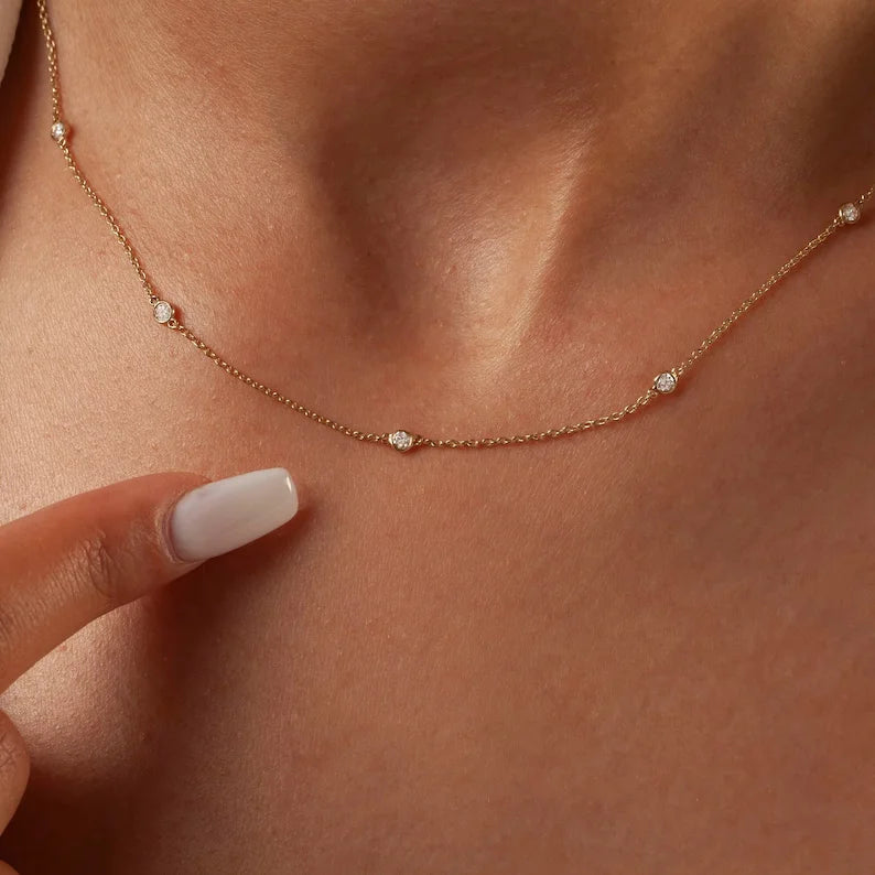 14k Gold 0.35 - 2 CT Diamond by the Yard Necklace Birthday Gift Diamond Station Necklace