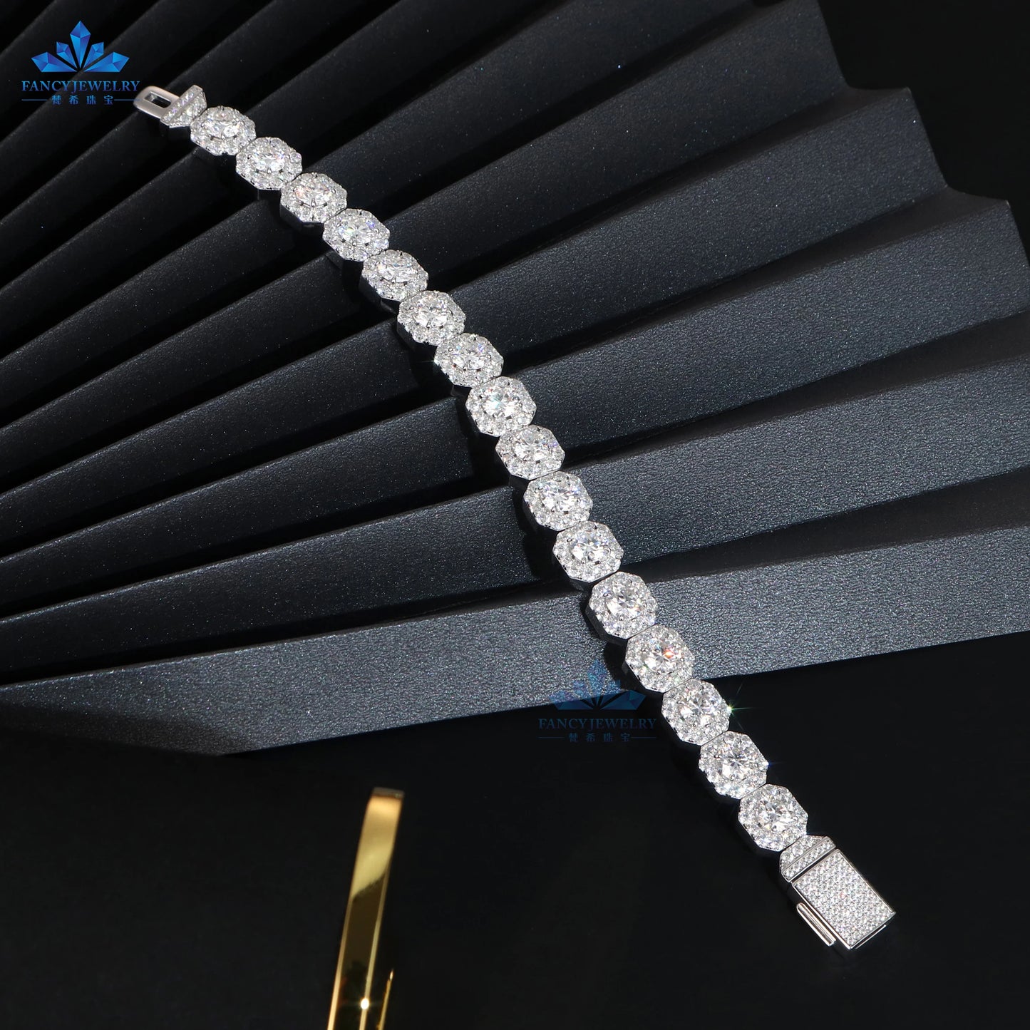 14K Gold Plated Moissanite Jewelry Hiphop Style Iced Out 11mm Square Cluster Tennis Moissanites Bracelet Silver 925