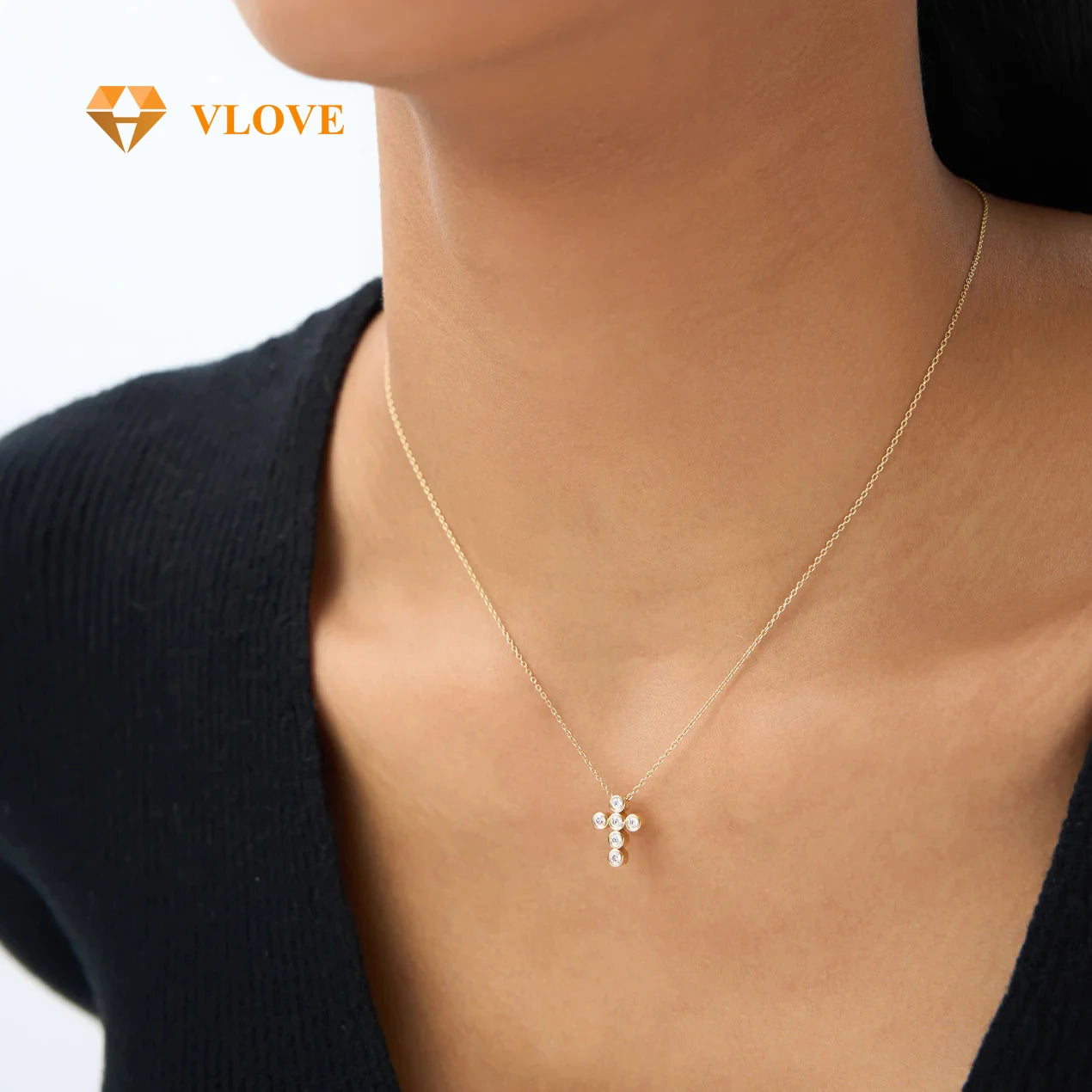 VLOVE Fine Luxury Jewelry Diamond Necklaces 14K Gold 6 Stone Bezel Setting Diamond Cross Necklace