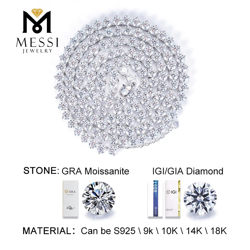 Messi Jewelry 925 Silver 14K Gold White Gold Custom Moissanite Tennis Chain Necklace