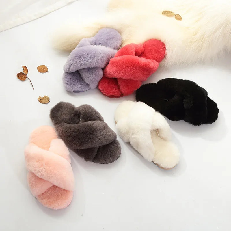 Plush Indoor Slippers Made of Real Wool - Natural Sheepskin Home Loungewear