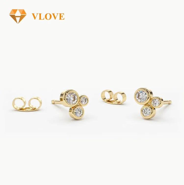 VLOVE OEM ODM Jewelry Manufacturer Graduation Cluster Diamond Earrings 14K Gold Small Diamond Studs Earrings for Women