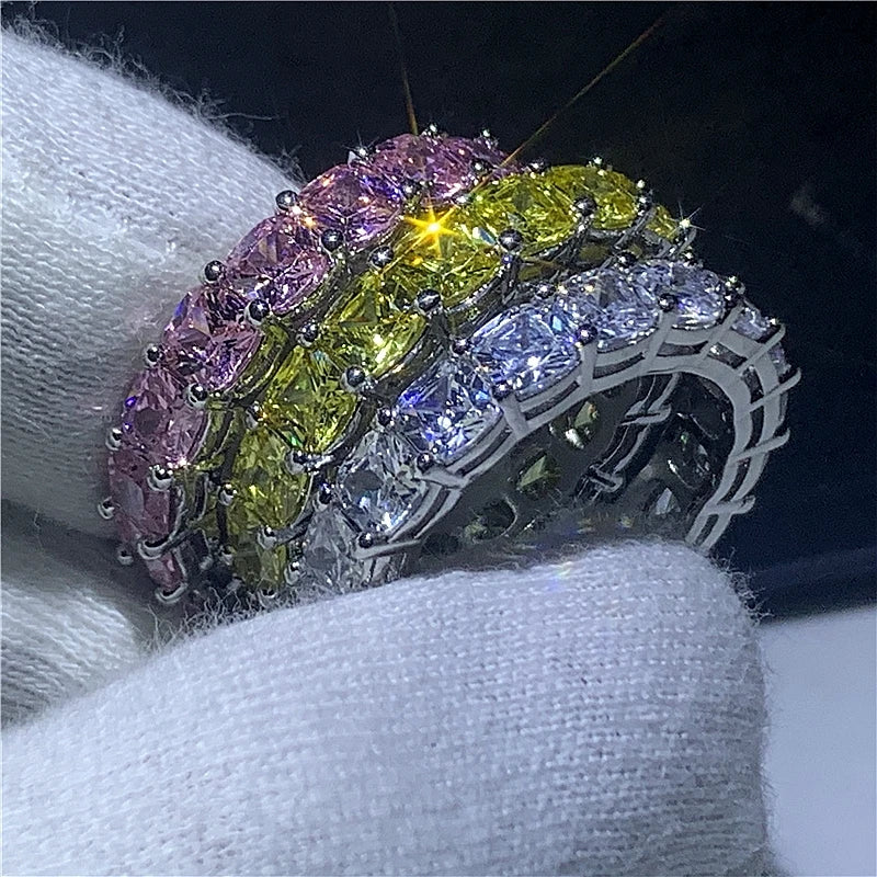 Eternity Cushion cut 4mm Zircon Ring Real 925 sterling silver Engagement Wedding Band Rings for women Bridal Party Jewelry