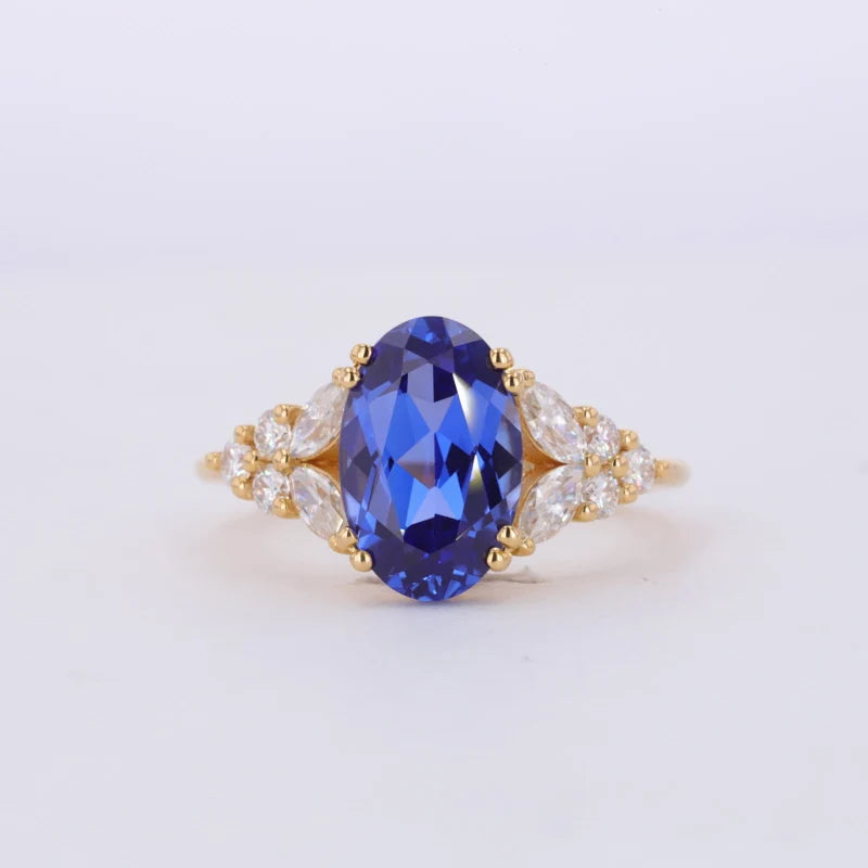 Lab Grown Gemstone Jewelry Inlay Blue Sapphire Stone 22/10k 18k 14k Gold Ring Diamond Yellow Gold for Wedding Party Appointment.