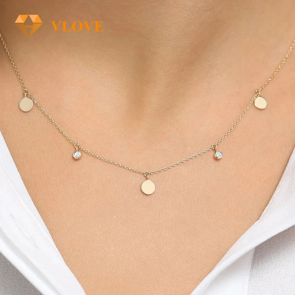 VLOVE Top Selling Jewelry Personalized Necklaces 14K Gold Dangling Diamond Disc Necklace