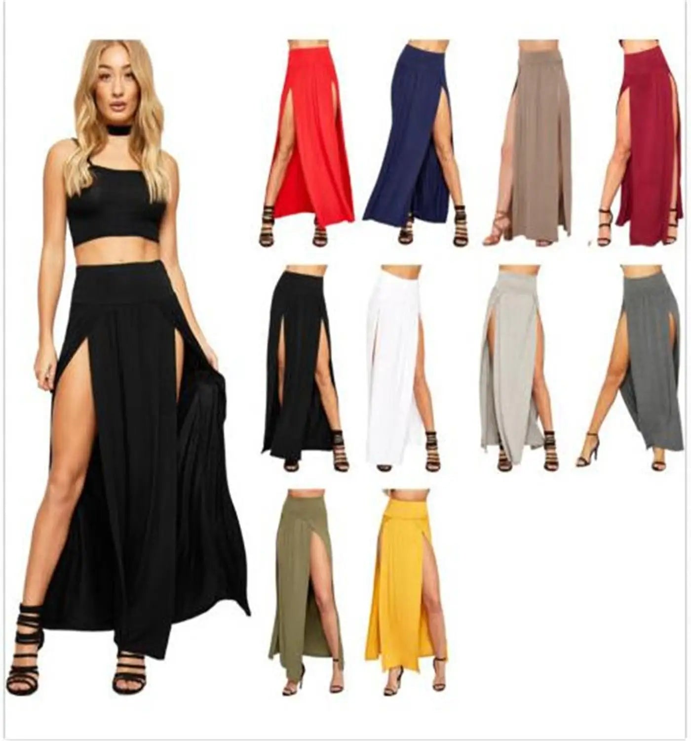 2025 New Arrival High Waisted Sexy Womens Double Slits Summer Solid Long Maxi Skirt Wholesale 51 Valentine's Day Gifts