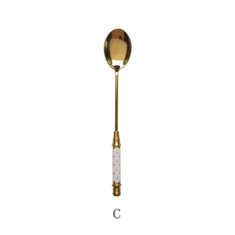 Stainless Steel Dessert Spoon Ceramic Long Handle Icecream Spoon Teaspoon Gold Coffee Cake Fruit Milk Spoon Kitchen Tableware