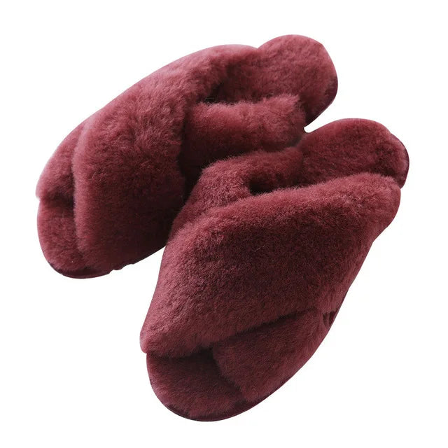 Plush Indoor Slippers Made of Real Wool - Natural Sheepskin Home Loungewear