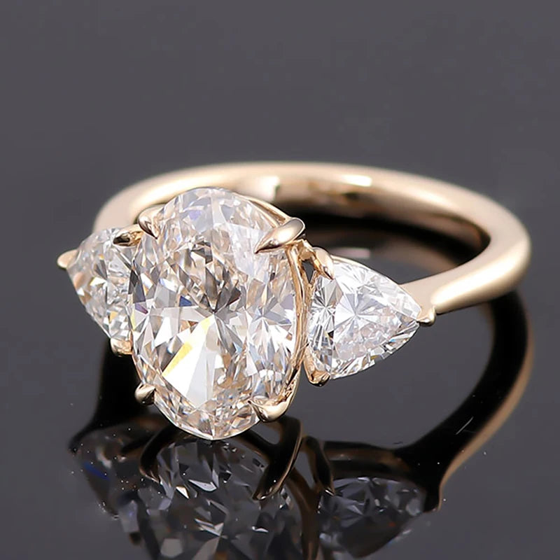 China Produce Custom Fine Jewelry 14K Gold 2.5CT Oval Cut Handmade Inlay Moissanite Ring 3 Stone  Engagement Ring Wedding Ring