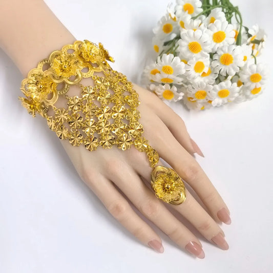 Wholesale Dubai 24K Gold Plated Hand Back Chain | One-piece Flower Bracelet Ring Bridal Wedding Accessories for Women