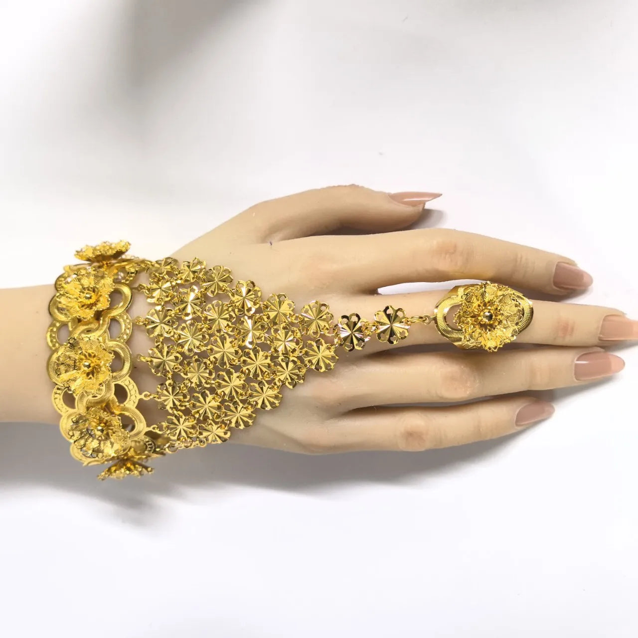 Wholesale Dubai 24K Gold Plated Hand Back Chain | One-piece Flower Bracelet Ring Bridal Wedding Accessories for Women