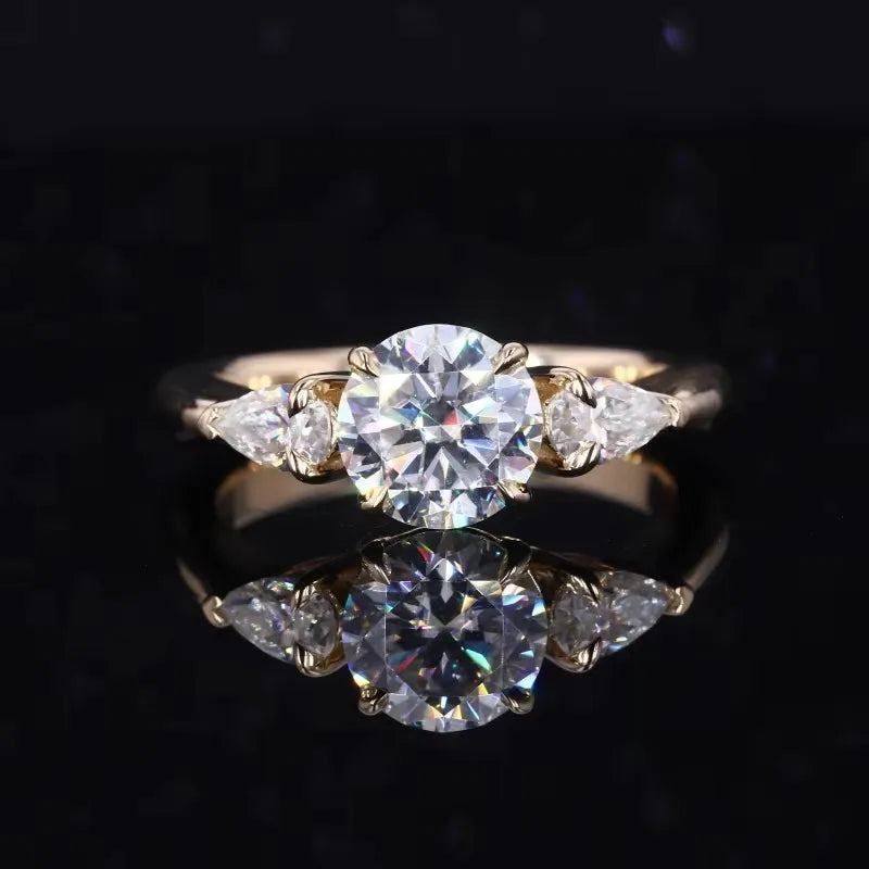 Starsgem Round Brilliant Cut and Pear Cut DEF Color VVS Moissanite 14K Gold Engagement Ring