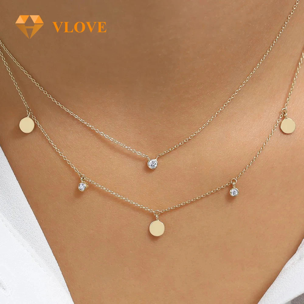 VLOVE Top Selling Jewelry Personalized Necklaces 14K Gold Dangling Diamond Disc Necklace