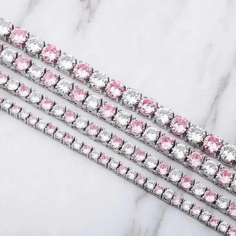 AAA Gems 14k Gold Plated Pure 925 Sterling Silver Pink White Diamond Stones Moissanite Tennis Chain for Gifts
