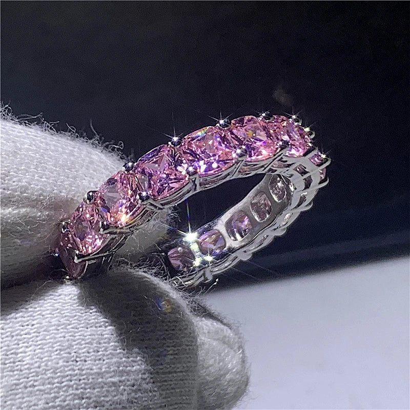 Eternity Cushion cut 4mm Zircon Ring Real 925 sterling silver Engagement Wedding Band Rings for women Bridal Party Jewelry
